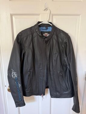 Harley-Davidson Black Leather Jacket with Blue Sleeve Graphics